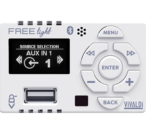 Amplificatore compatto per 503 con lettore USB e BLUETOOTH integrati.</br>APP di controllo tramite Vivaldi Giove FREECONTROL.</br>Multimediale WEBRADIO, SPOTIFY, YOUTUBE e NAS tramite Vivaldi WIFI KEYSOL.</br></br>Made in Italy, HiFi Stereo, 25W25W RMS (5050W musicali).</br></br>Dispositivi integrati:</br> LETTORE USB di file audio (MP3, WMA, AAC).</br> BLUETOOTH 5.0 con assegnazione pin automatica, possibilità di rinominare il </br>dispositivo.</br> Profilo HFP (Hands Free): in sorgente Bluetooth funzione Vivavoce per lo </br>smartphone.</br> Equalizzatore grafico a 7 Bande.</br> Display OLED.</br></br> Interfaccia grafica e intuitivo menù di navigazione.</br> Regolazione del bilanciamento dei canali Left/Right.</br> Possibilità di impostare le uscite, amplificate e PreOut, nelle modalità: </br>tutto stereo/tutto mono/solo ampli mono.</br> Possibilità di impostare l'uscita PreOut senza Mute.</br> Funzione di risparmio energetico Amplificatore, attivabile.</br> 2x AUXIN stereo (1-2).</br> 1x AUXIN mono (3).</br> Funzione di accensione e/o spegnimento automatica in base alla presenza di </br>segnale nell'ingresso AUXIN1 oppure AUXIN2.</br> Se AUXIN1/2 collegati al TV (Vivaldi HDMI VAEXT2) regolazione volume dal </br>telecomando TV.</br> Aggiornamento firmware tramite USB.</br> Ricevitore IR per telecomando TCIR5 (non in dotazione).</br> Doppio ingresso AUX per sorgenti locali (es. TV, CD, PC, Sky...).</br> Uscita PreOut per diffusori attivi VIVALDI, con possibilità di scegliere tra </br>uscita a volume fisso oppure subordinata al volume principale, subwoofer attivi </br>(Vivaldi Giove Sub8AB, Vivaldi Giove Sub8AW, Vivaldi Giove Sub10AB, Vivaldi </br>Giove Sub10AW, Vivaldi Giove Sub12AB, Vivaldi Giove Sub12AW).</br> Schermata di standby, selezionabile.</br> Bluetooth con controllo della riproduzione (play/pausa, avanti/indietro </br>traccia).</br> Orologio e sveglia con funzione di timer programmabile per accensione e/o </br>spegnimento automatici.</br> Possibilità di disattivazione dell'amplificatore Integrato.</br></br></br>Dispositivi accessori:</br>Vivaldi Giove AuxIn ingresso per sorgente di zona montato su tappo (4° frutto).</br></br>Dispositivi collegabili:</br>- sorgenti audio esterne tramite TV, PC, CD, DVD, iOS (iPOD, iPHONE, iPAD), </br>Android, Blu-ray, SKY, Smartphone, ...</br></br>Modalità di utilizzo:</br>- espansione di potenza per Vivaldi Giove FREEMK3 integrabile a FREECONTROL </br>tramite cavo Vivaldi Giove VG10.50</br>- espansione di potenza per Vivaldi Giove FREENETMK3 non integrabile ad Vivaldi </br>Domotica iCONTROL4.1L Vivaldi Domotica iCONTROL4.0</br>- multimediale WiFi in abbinamento a Vivaldi WIFI KEYSOL</br>- multiroom WiFi in abbinamento a Vivaldi WIFI KEYSOL (1 ampli  1 Keysol </br>per ogni zona).</br>- diffusione sonora nelle camere d'Hotel/B&B collegando una sorgente esterna con</br> cavo Vivaldi Ulisse MICRO2.50-</br>- 2.1 surround in abbinamento ai subwoofer attivi Vivaldi Giove Sub8AB, Vivaldi </br>Giove Sub8AW, Vivaldi Giove Sub10AB, Vivaldi Giove Sub10AW, Vivaldi Giove </br>Sub12AB, Vivaldi Giove Sub12AW.</br></br>Impedenza di lavoro 4 - 16 O, per un buon livello musicale si consiglia di </br>collegare fino a 4 diffusori.</br></br>Colore bianco (Vivaldi Giove FREELIGHT.W).</br></br>Predisposto per scatola 503 oppure 3 moduli di 504, 506, 507...</br>Compatibilità con le serie civili tramite Vivaldi Ulisse Adattatori (da ordinare</br> a parte in fase d'ordine).</br>Alimentazione tramite: Vivaldi Giove AL2B, Vivaldi Giove AL3B, Vivaldi Giove </br>AL5B, Vivaldi Giove AL8.</br>Peso 0,09 Kg.</br>