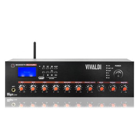 <strong>VIVALDI ULISSE MA5060BTK</strong></br></br>Mixer amplificato compatto 60W con player integrato per l'ascolto di sorgenti </br>WiFi / radio FM / MP3 USB / SD / Bluetooth.</br></br><strong>CARATTERISTICHE PRINCIPALI:</strong></br></br>-Telecomando IR in dotazione.</br>-Alimentazione AC110-240V & 24Vdc.</br>-Consumo 100VA.</br>-6 ingressi miscelabili  sorgenti.</br>-CH1 (priority): mic XLR 5-8mV 600O, alimentazione phantom (selezionabile) con </br>funzione Talkover selezionabile.</br>-CH2-3: mic Jack 5-8mV 600O / line RCA 150-470mV 10KO (commutabili).</br>-CH4-5: line RCA.</br>-CH6: tel. 600O 100mV.</br>-Line out RCA: 0,775V (0dBV).</br>-Uscite 4-8-16 O - 70/100V.</br>-Controllo toni alti/bassi.</br>-Dimensioni 300x88x275 mm (LxHxP).</br>-2U rack.</br>