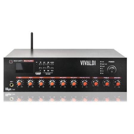 <strong>VIVALDI ULISSE MA5120BTK</strong></br></br>Mixer amplificato compatto 120W con player integrato per l'ascolto di sorgenti </br>WiFi / radio FM / MP3 USB / SD / Bluetooth.</br></br><strong>CARATTERISTICHE PRINCIPALI:</strong></br></br>- Telecomando IR in dotazione.</br>- Alimentazione AC110-240V & 24Vdc.</br>- Consumo 200VA.</br>- 6 ingressi miscelabili  sorgenti.</br>- CH1 (priority): mic XLR 5-8mV 600O, alimentazione phantom (selezionabile) con </br>funzione Talkover selezionabile.</br>- CH2-3: mic Jack 5-8mV 600O / line RCA 150-470mV 10KO (commutabili).</br>- CH4-5: line RCA.</br>- CH6: tel. 600O 100mV.</br>- Line out RCA: 0,775V (0dBV).</br>- Uscite 4-8-16 O - 70/100V.</br>- Controllo toni alti/bassi.</br>- Dimensioni 300x88x275 mm (LxHxP).</br>- 2U rack.</br>
