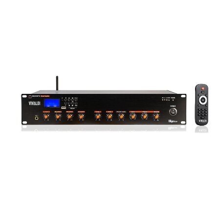 <strong>VIVALDI ULISSE MA5240BTK</strong></br></br>Mixer amplificato 240W con player integrato per l'ascolto di sorgenti WiFi / </br>radio FM / MP3 USB / SD / Bluetooth.</br></br><strong>CARATTERISTICHE PRINCIPALI:</strong></br></br>- Telecomando IR in dotazione.</br>- Alimentazione AC110-240V & 24Vdc.</br>- Consumo 310VA.</br>- 6 ingressi miscelabili  sorgenti.</br>- CH1 (priority): mic XLR 5-8mV 600O, alimentazione phantom (selezionabile) con </br>funzione Talkover selezionabile.</br>- CH2-3: mic Jack 5-8mV 600O / line RCA 150-470mV 10KO (commutabili).</br>- CH4-5: line RCA.</br>- CH6: tel. 600O 100mV.</br>- Line out RCA: 0,775V (0dBV).</br>- Uscite 4-8-16 O - 70/100V.</br>- Controllo toni alti/bassi.</br>- Dimensioni 488x88x405 mm (LxHxP).</br>- 2U rack.</br>- Standard rack.</br>- Peso 9,0 Kg.</br>- Colore cabinet nero, serigrafie arancioni.</br>- Cabinet metallo.</br>- Standard rack.</br>