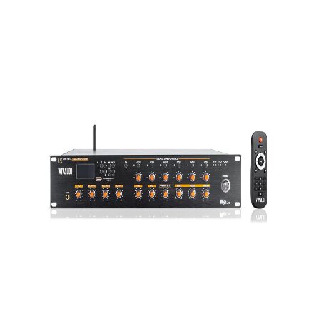 <strong>VIVALDI ULISSE MZ6120BTK</strong></br>Matrice amplificata multizona 6x120W con player integrato per l'ascolto di </br>sorgenti WiFi / radio FM / MP3 USB / SD / Bluetooth.</br></br><strong>CARATTERISTICHE:</strong></br></br>- Telecomando IR in dotazione.</br>- Selezione sorgenti e volumi indipendenti per ogni zona.</br>- Antenna per ricezione radio FM.</br>- Modulo di controllo da remoto Vivaldi Ulisse CR1 con Bluetooth integrato (max </br>6).</br>- 3 ingressi MIC/LINE  1 ingresso AUX IN.</br>- CH1 MP3: player WiFi KEYSOL, BLUETOOTH, TUNER FM, USB, SD CARD gestioni delle </br>zone tramite pulsanti.</br>- CH2-3-4: mic COMBO 5-8mV 600O alimentazione phantom (selezionabile) / line XLR</br> 150-470mV 10KO (commutabili).</br>- CH5: ingresso AUX RCA.</br>- CH6 EMC: ingresso di emergenza prioritario per messaggi di evacuazione o di </br>servizio Vivaldi</br>- CH7 EMC: ingresso di emergenza prioritario per messaggi di evacuazione o di </br>servizio tramite Vivaldi Ulisse GRM1.</br>- CH8: paging ingresso base microfonica multizona Vivaldi Ulisse BM6.</br>- Funzione MUTE regolabile.</br>- Line out RCA: 0,775V (0dBV) uscita dipendente dai canali di ingresso e </br>indipendente dal volume.</br>- Uscite 100V.</br>- Antenna 75O per ricezione RADIO FM.</br>- Controllo toni alti/bassi.</br>- Dimensioni 484x88x405 mm (LxHxP).</br>- 2U rack.</br>- Peso 8,6 Kg.</br>- Colore cabinet nero, serigrafie arancioni.</br>- Cabinet metallo.</br>- Standard rack.</br>