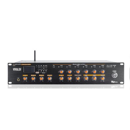<strong>VIVALDI ULISSE MZ6240BTK</strong></br></br>Mixer amplificato multizona 240W con player integrato per l'ascolto di sorgenti </br>WiFi / radio FM / MP3 USB / SD / Bluetooth.</br></br><strong>CARATTERISTICHE:</strong></br></br>- Telecomando IR in dotazione.</br>- Regolatori di volume a 6 zone indipendenti.</br>- Alimentazione AC110-240V & 24Vdc.</br>- Consumo 400VA.</br>- 6 ingressi miscelabili  sorgenti  ingresso emergenza prioritario  base </br>microfonica multizona.</br>- CH1 (priority): mic JACK 5-8mV 600O.</br>- CH2-3-4: mic XLR 5-8mV 600O alimentazione phantom (selezionabile) / line XLR </br>150-470mV 10KO (commutabili).</br>- CH5-6: line RCA.</br>- CH7 EMC: ingresso di emergenza prioritario per messaggi di evacuazione o di </br>servizio.</br>- CH8: paging ingresso base microfonica multizona Vivaldi Ulisse BM6.</br>- Funzione MUTE regolabile.</br>- Line out RCA: 0,775V (0dBV) uscita dipendente dai canali di ingresso e </br>indipendente dal volume.</br>- Uscite 100V.</br>- Antenna 75O per ricezione RADIO FM.</br>- Controllo toni alti/bassi.</br>- Dimensioni 484x88x405 mm (LxHxP).</br>- 2U rack.</br>- Peso 9,4 Kg.</br>- Colore cabinet nero, serigrafie arancioni.</br>- Cabinet metallo.</br>- Standard rack.</br>