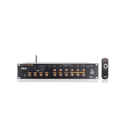 <strong>VIVALDI ULISSE MZ6350BTK</strong></br></br>Mixer amplificato multizona 350W con player integrato per l'ascolto di sorgenti </br>WiFi / radio FM / MP3 USB / SD / Bluetooth.</br></br><strong>CARATTERISTICHE:</strong></br></br>- Telecomando IR in dotazione.</br>- Regolatori di volume a 6 zone indipendenti.</br>- Alimentazione AC110-240V & 24Vdc.</br>- Consumo 500VA.</br>- 6 ingressi miscelabili  sorgenti  ingresso emergenza prioritario  base </br>microfonica multizona.</br>- CH1 (priority): mic JACK 5-8mV 600O.</br>- CH2-3-4: mic XLR 5-8mV 600O alimentazione phantom (selezionabile) / line XLR </br>150-470mV 10KO (commutabili).</br>- CH5-6: line RCA.</br>- CH7 EMC: ingresso di emergenza prioritario per messaggi di evacuazione o di </br>servizio tramite Vivaldi Ulisse GRM1.</br>- CH8: paging ingresso base microfonica multizona Vivaldi Ulisse BM6.</br>- Funzione MUTE regolabile.</br>- Line out RCA: 0,775V (0dBV) uscita dipendente dai canali di ingresso e </br>indipendente dal volume.</br>- Uscite 100V.</br>- Antenna 75O per ricezione RADIO FM.</br>- Controllo toni alti/bassi.</br>- Dimensioni 484x88x405 mm (LxHxP).</br>- 2U rack.</br>- Peso 9,8 Kg.</br>- Colore cabinet nero, serigrafie arancioni.</br>- Cabinet metallo.</br>- Standard rack.</br>