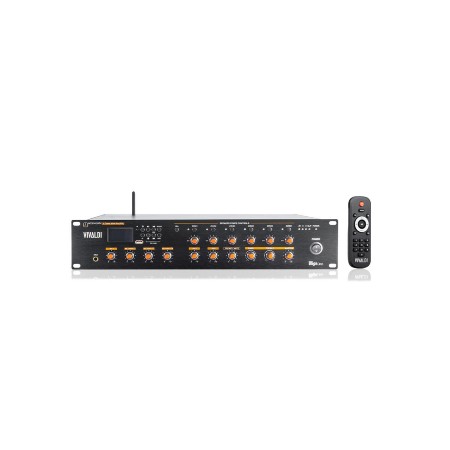 <strong>VIVALDI ULISSE MZ6500BTK</strong></br></br>Mixer amplificato multizona 500W con player integrato per l'ascolto di sorgenti </br>WiFi / radio FM / MP3 USB / SD / Bluetooth.</br></br><strong>CARATTERISTICHE:</strong></br></br>- Telecomando IR in dotazione.</br>- Regolatori di volume a 6 zone indipendenti.</br>- Alimentazione AC110-240V & 24Vdc.</br>- Consumo 650VA.</br>- 6 ingressi miscelabili  sorgenti  ingresso emergenza prioritario  base </br>microfonica multizona.</br>- CH1 (priority) mic JACK 5-8mV 600Ohm.</br>- CH2-3-4 mic XLR 5-8mV 600O alimentazione phantom (selezionabile) / line XLR </br>150-470mV 10KOhm (commutabili).</br>- CH5-6 line RCA.</br>- CH7 EMC ingresso di emergenza prioritario per messaggi di evacuazione o di </br>servizio.</br>- CH8: paging ingresso base microfonica multizona Vivaldi Ulisse BM6.</br>- Funzione MUTE regolabile.</br>- Line out RCA 0,775V (0dBV) uscita dipendente dai canali di ingresso e </br>indipendente dal volume.</br>- Uscite 100V.</br>- Antenna 75O per ricezione DAB RADIO - FM.</br>- Controllo toni alti/bassi.</br>- Dimensioni 484x88x405 mm (LxHxP).</br>- 2U rack.</br>- Peso 10,25 Kg.</br>- Colore cabinet nero, serigrafie arancioni.</br>- Cabinet metallo.</br>- Standard rack.</br>