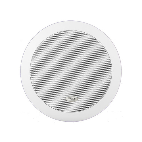 Diffusore rotondo, 2 vie da incasso, HI-FI</br>Woofer in fibra di vetro da 13,5 cm</br>Tweeter da 2,5 cm orientabile</br>Membrana in seta e alluminio</br>Potenza nominale 2,5/5/10W RMS. 20W peak</br>Tensione trasformatore 100V</br>Risposta in frequenza 55-20000 Hz</br>Sensibilità 89 dB</br>Angolo di dispersione 120° (V/O)</br>Dimensioni (DxP) 203x75 mm</br>Foro da incasso (D) 165 mm</br>Peso 1,2 Kg</br>